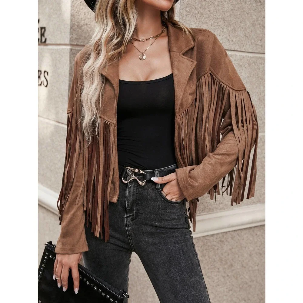Vegan Suede Fringe Cowgirl Jacket Western Tassel Jacket in chocolate brown